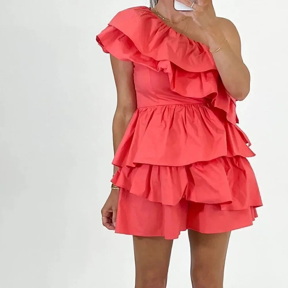 Talulah coral one shoulder ruffle romper